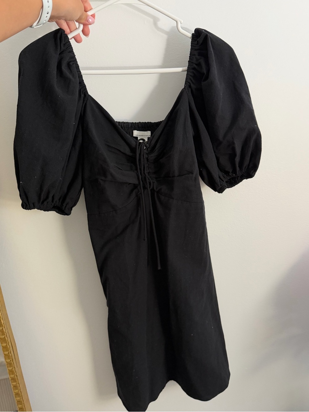Black Puff-Sleeve Mini linen Dress with Front Tie